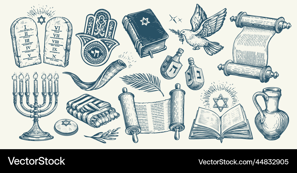 Jewish religious items set torah scroll menorah Jewish religious items set torah scroll menorah vector image