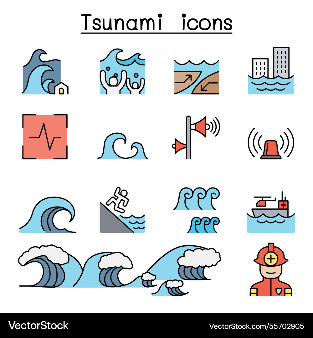 Tsunami and storm icon set in colorline style Tsunami and storm icon set in colorline style vector image