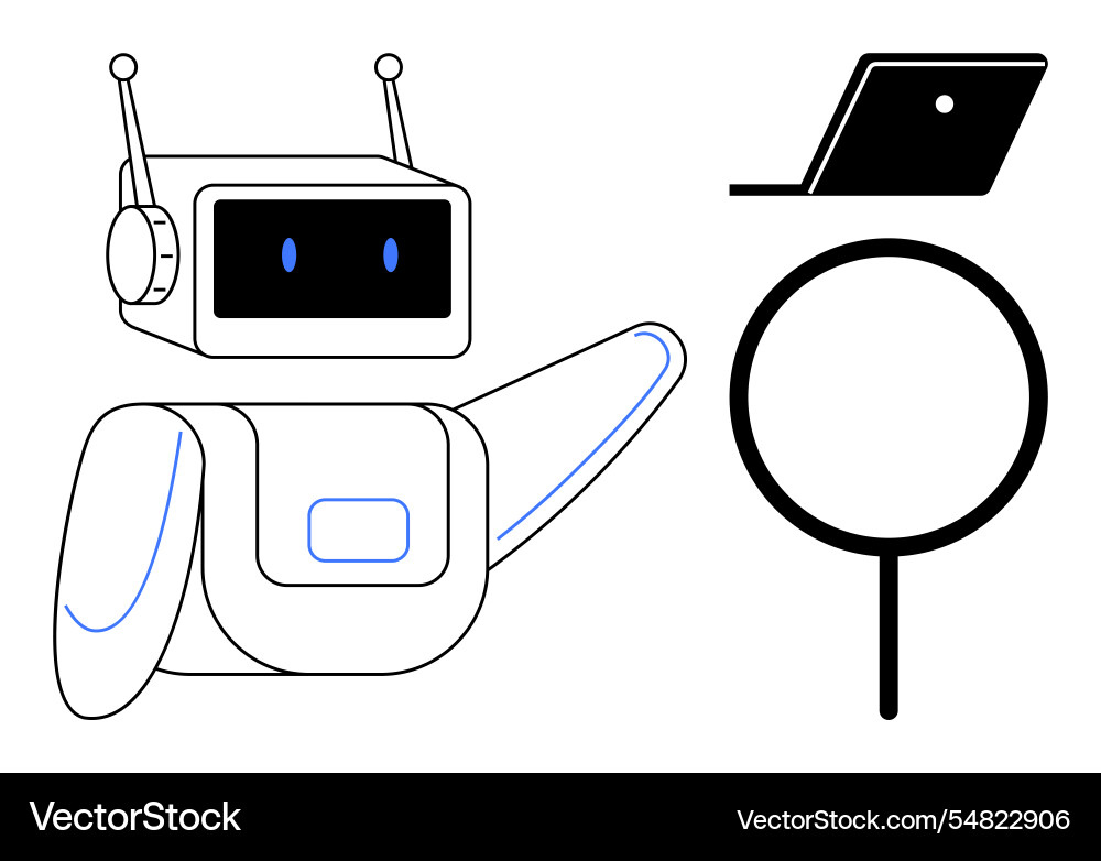 Futuristic robot gesturing towards laptop Futuristic robot gesturing towards laptop vector image