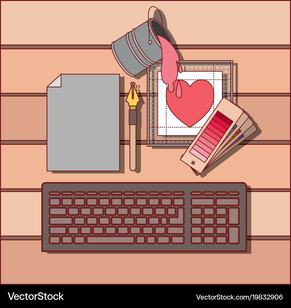Keyboard computer and drawing tools over desk vector image