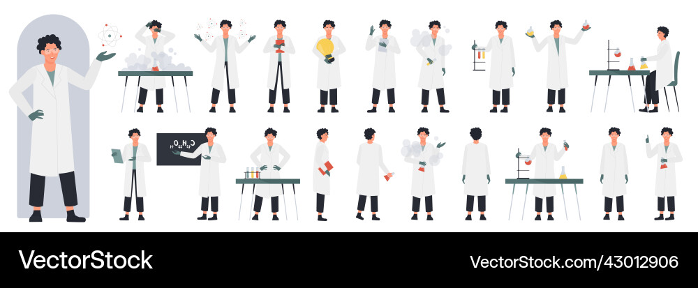 Scientist character in poses side front and back Vector Image