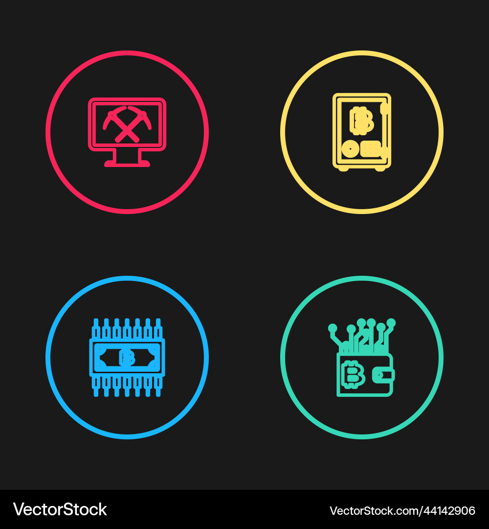 Set line cryptocurrency bitcoin with circuit Vector Image