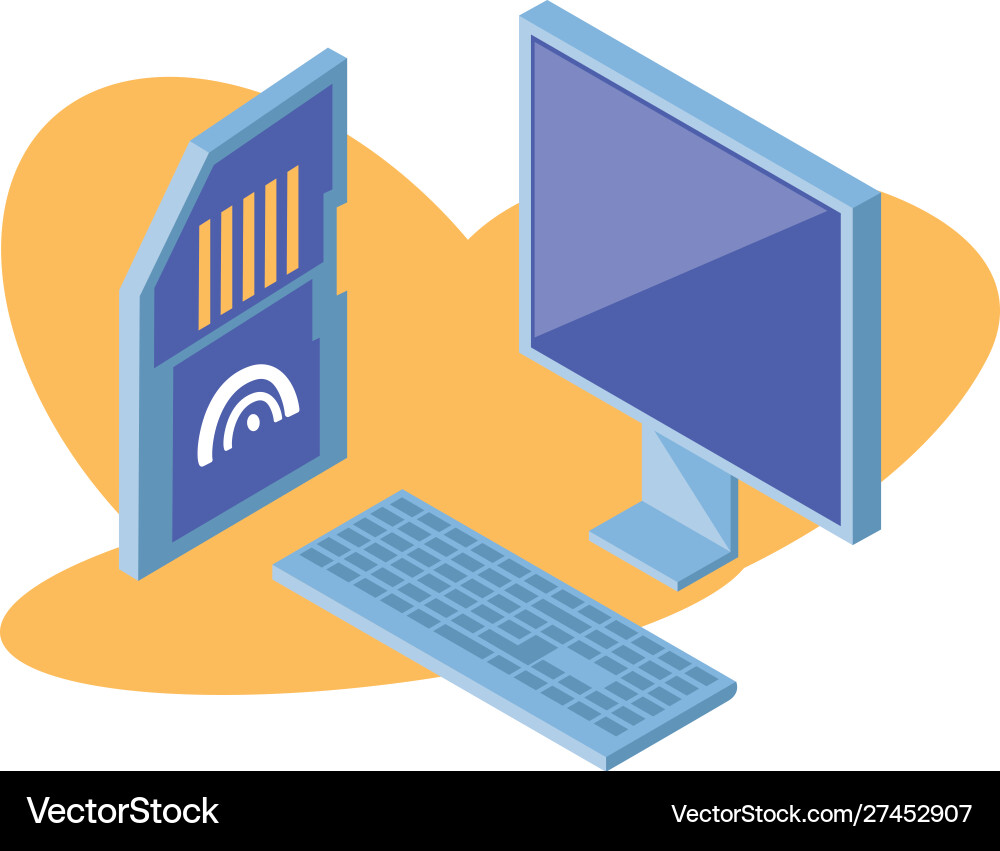Desktop computer screen with keyboard and micro sd vector image