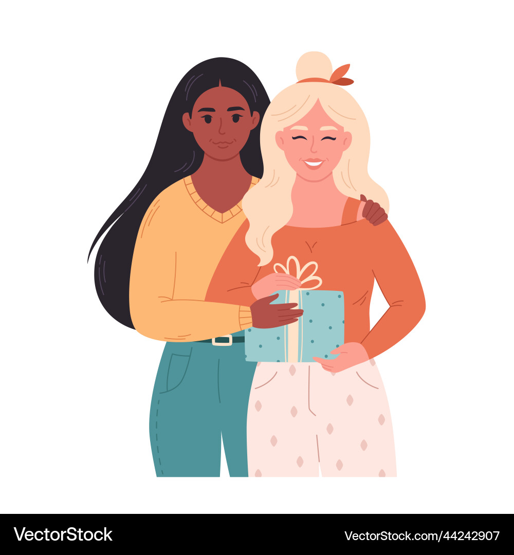 Lesbian couple hugging and giving gift love Lesbian couple hugging and giving gift love vector image