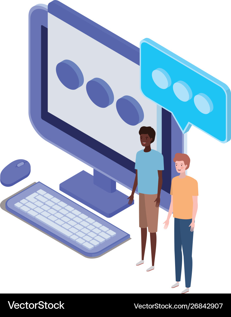 Men with desktop computer screen and email vector image