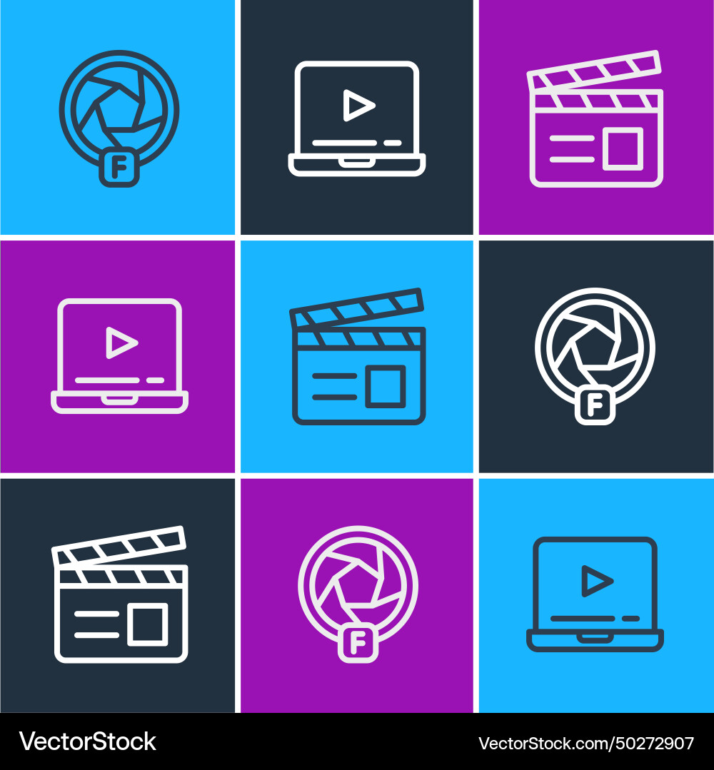 Set line camera shutter movie clapper and online Set line camera shutter movie clapper and online Vector Image
