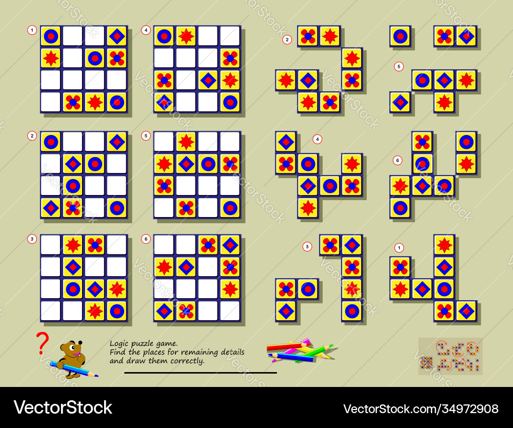 Logic puzzle game need to find correct places Logic puzzle game need to find correct places vector image
