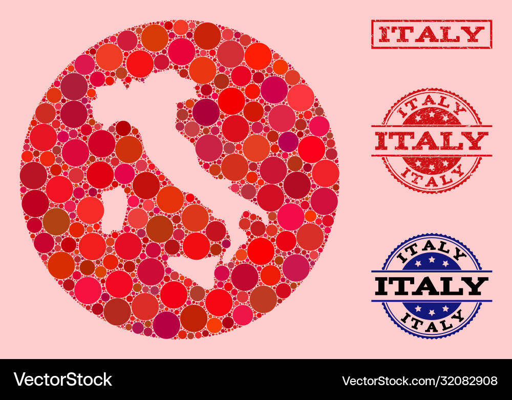 Stencil circle map italy mosaic and grunge seal Stencil circle map italy mosaic and grunge seal vector image