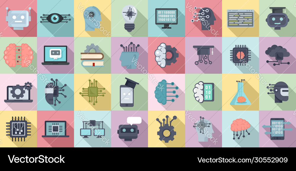 Machine learning icons set flat style Machine learning icons set flat style vector image