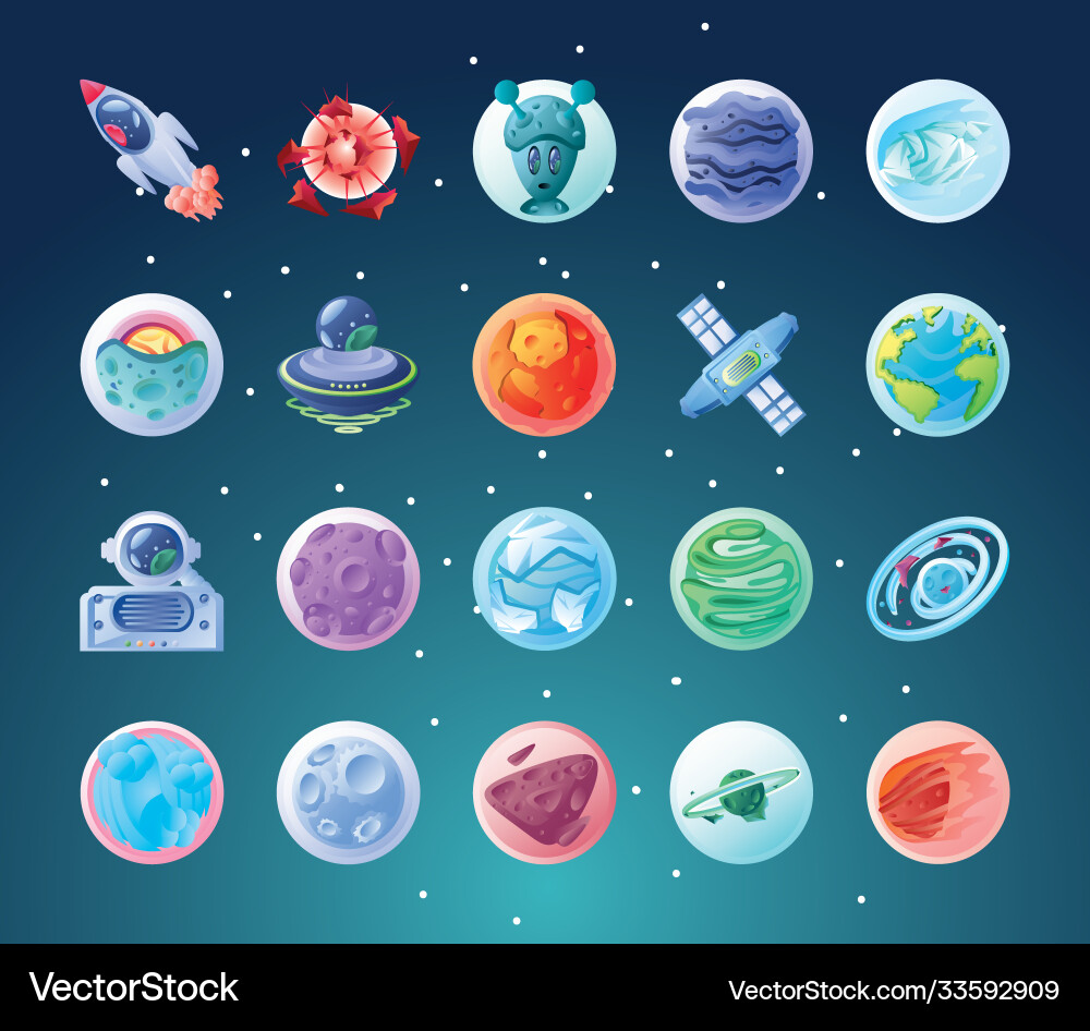 Set icons with planets or asteroids Vector Image