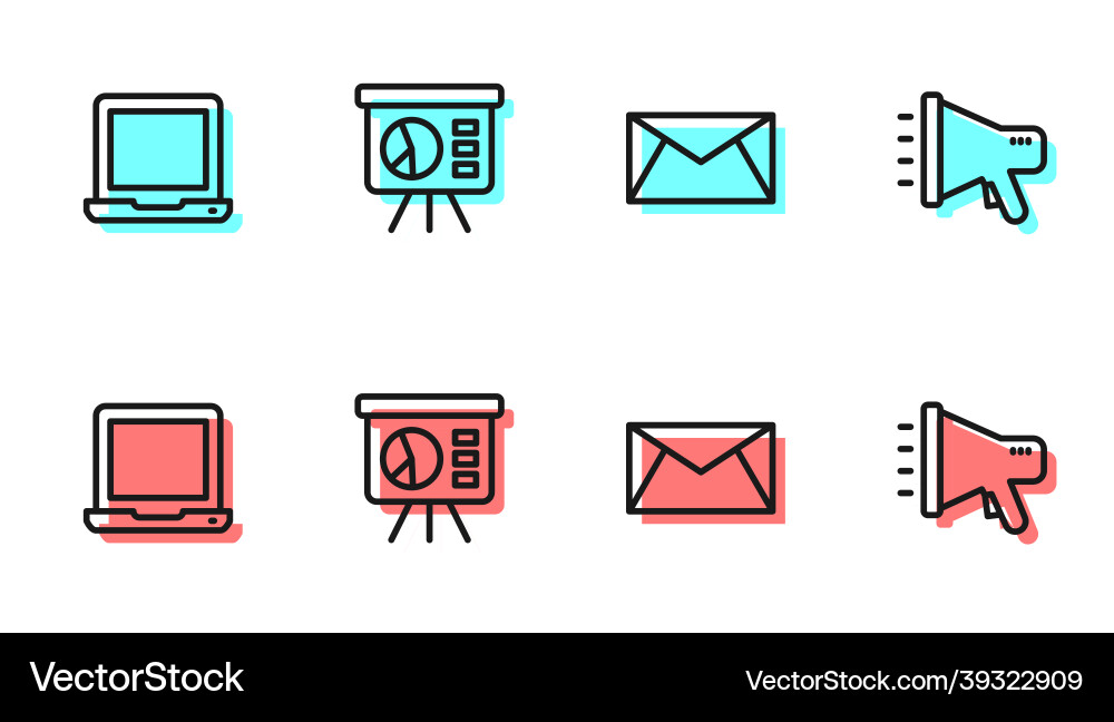 Set line mail and e-mail laptop board with graph Set line mail and e-mail laptop board with graph vector image
