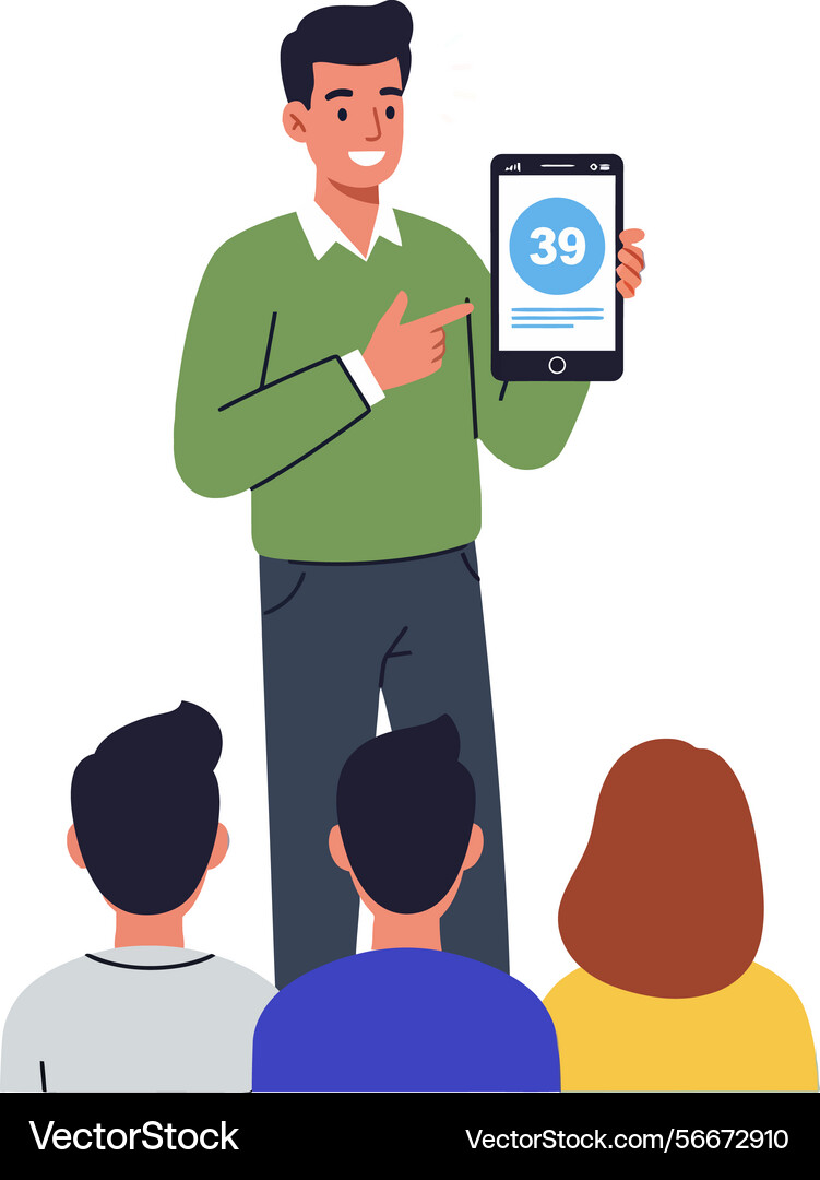 Man teaching audience with tablet showing number Man teaching audience with tablet showing number vector image