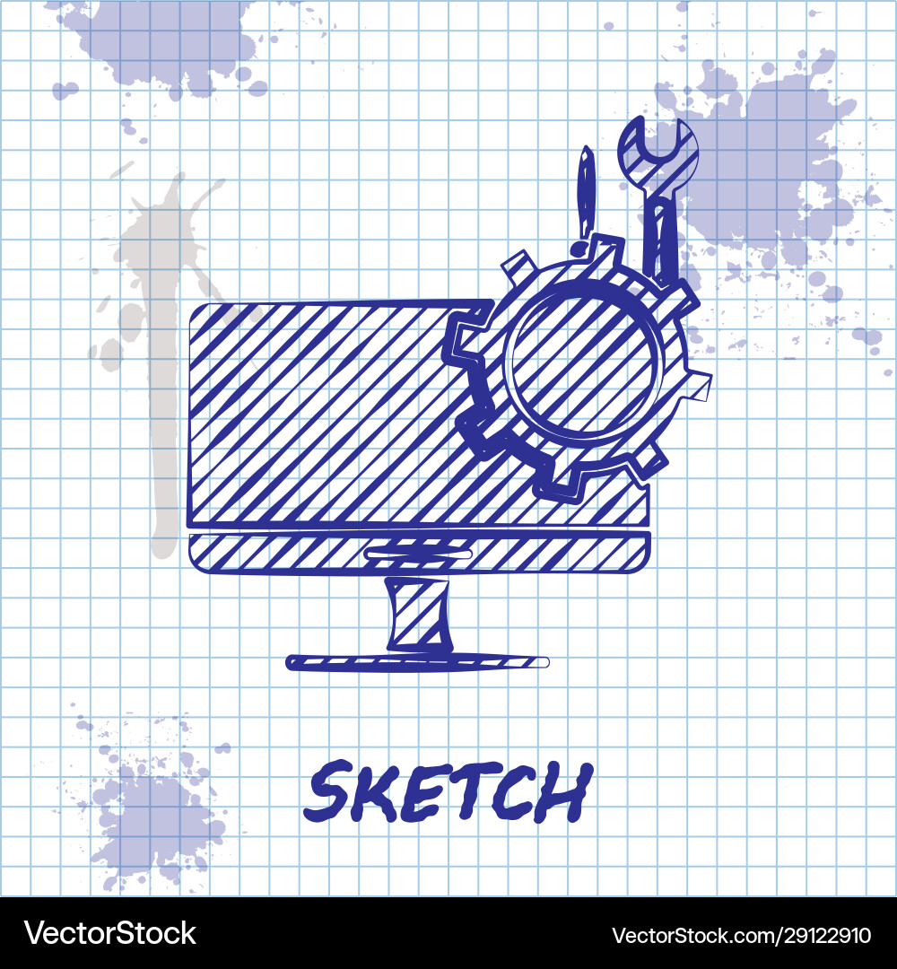 Sketch line computer monitor with screwdriver Sketch line computer monitor with screwdriver vector image