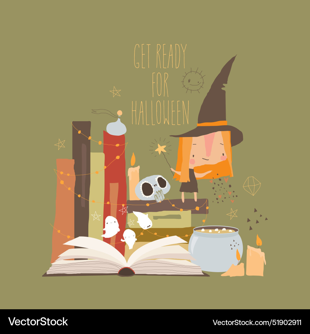 Little witch standing and conjuring on a stack Vector Image
