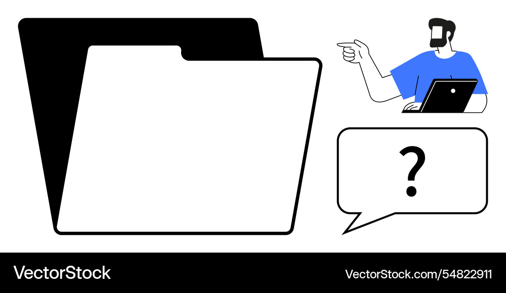 Man pointing with laptop beside a large folder Man pointing with laptop beside a large folder vector image