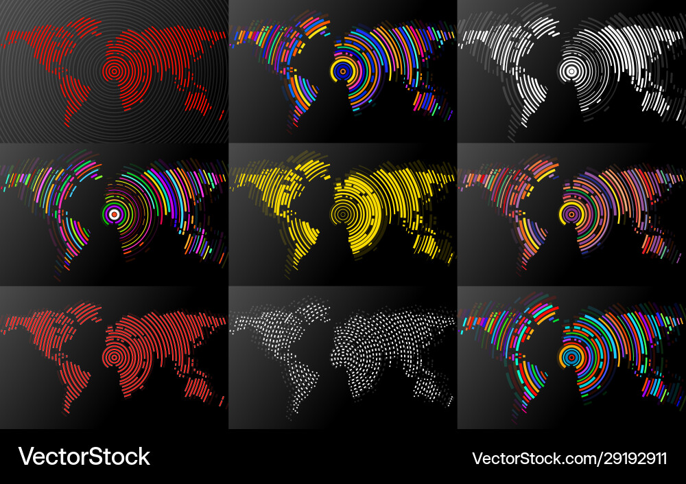 Set abstract world maps with radial lines Vector Image