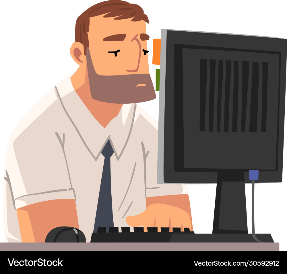 Bored business employee man working with computer Bored business employee man working with computer vector image