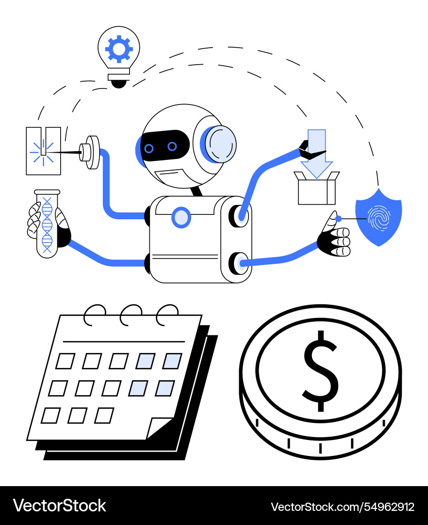 Robot automating tasks with multitasking arms Robot automating tasks with multitasking arms Vector Image