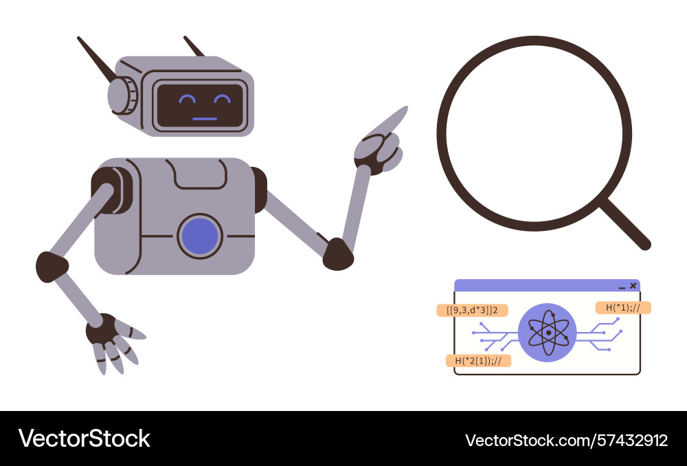Robot pointing at magnifying glass and digital Robot pointing at magnifying glass and digital vector image