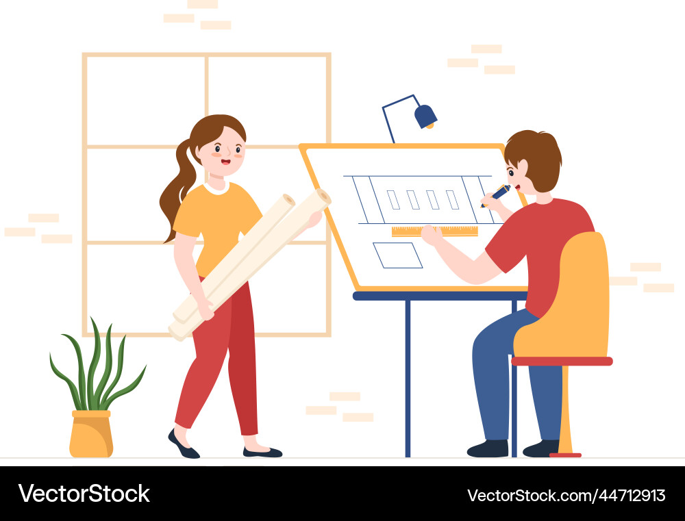 Drafting engineer or architect working on drawing vector image
