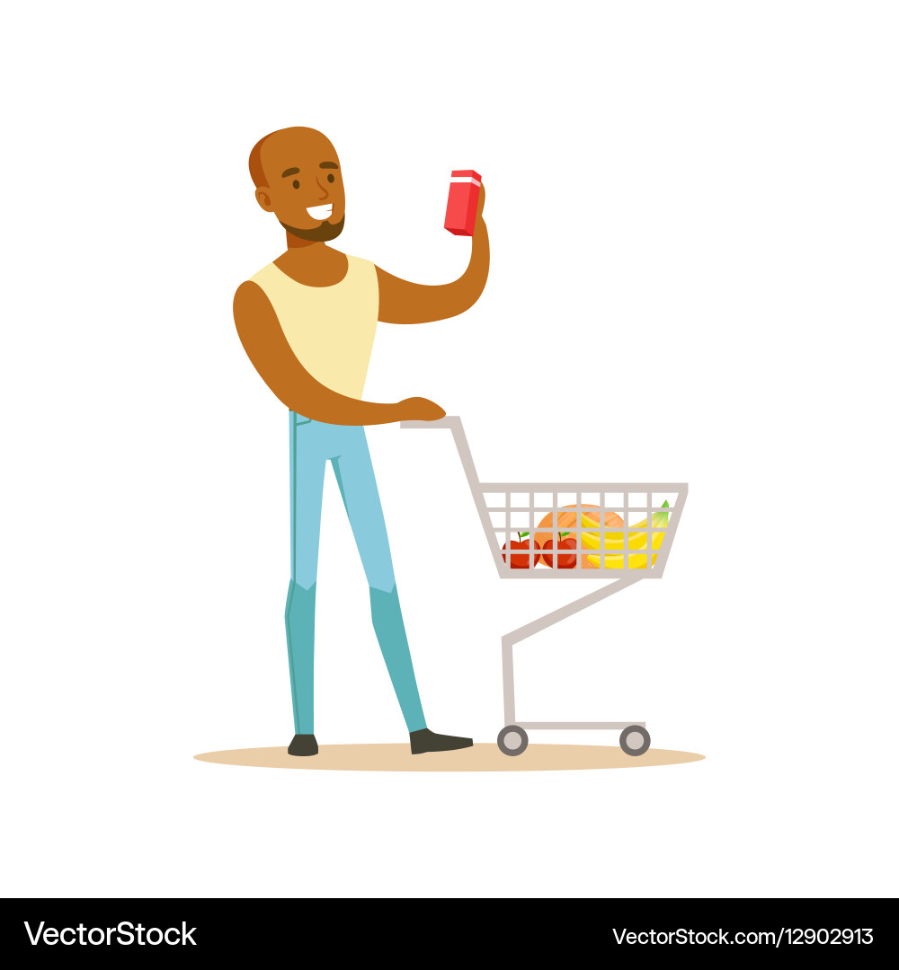 Man with cart of groceres shopping in department vector image