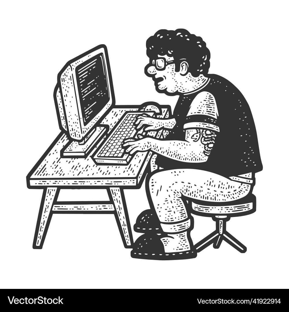 Fat programmer with glasses sketch vector image