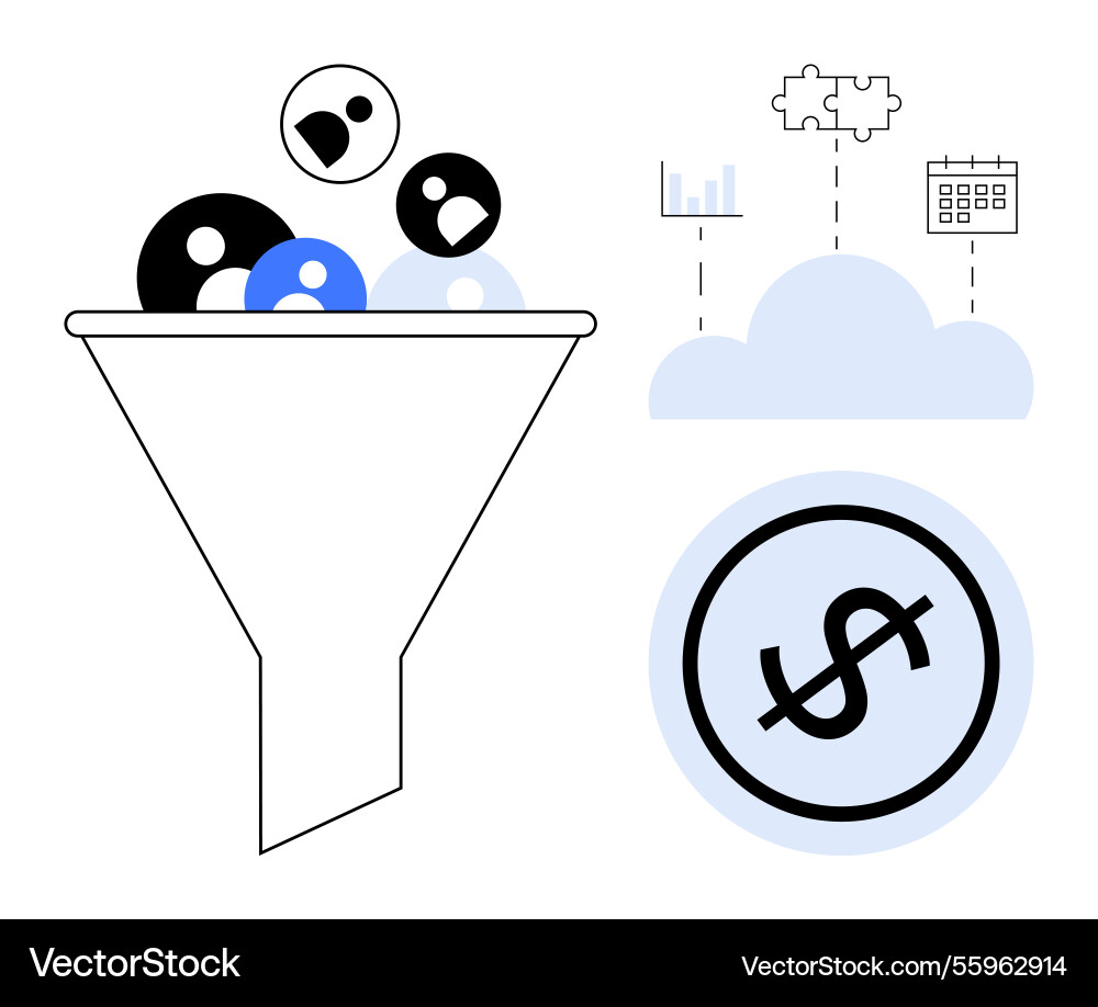 Funnel filtering users into cloud for data Funnel filtering users into cloud for data vector image