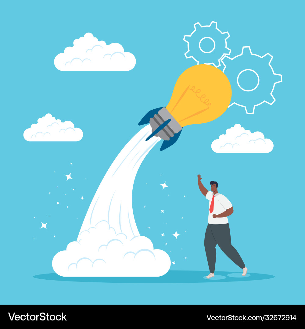 Man with start up light bulb rocket design vector image