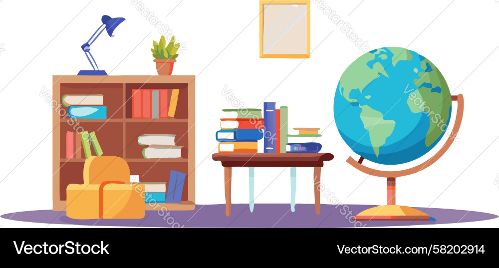 Study desk with globe and books by window design Vector Image