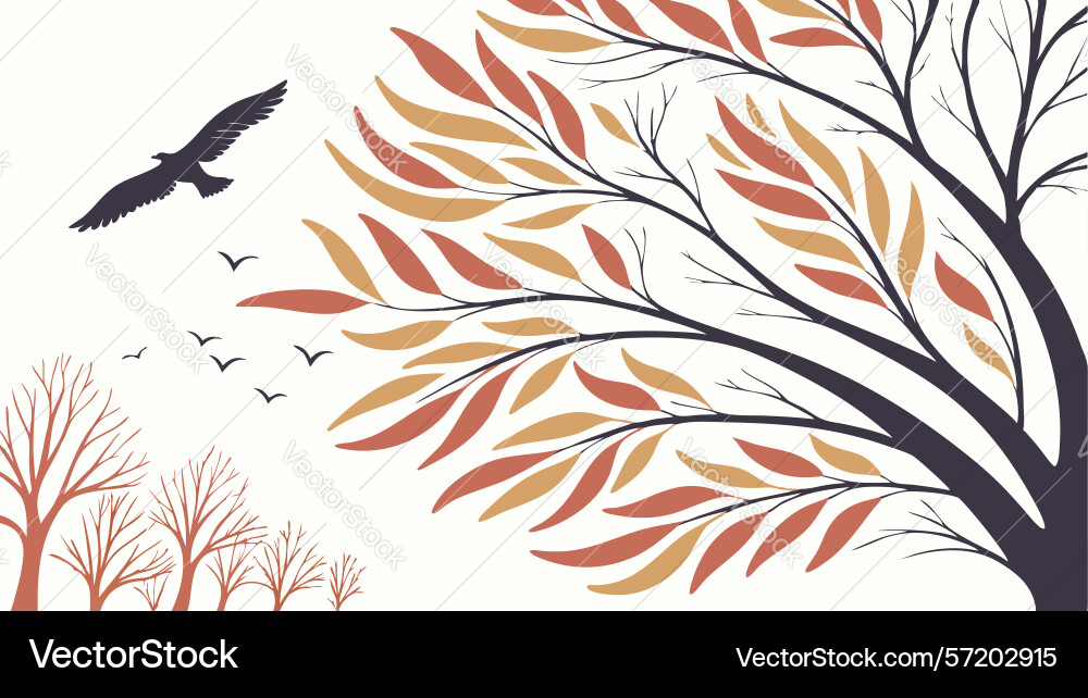 Autumnal tree with dynamic lines and flying birds Vector Image