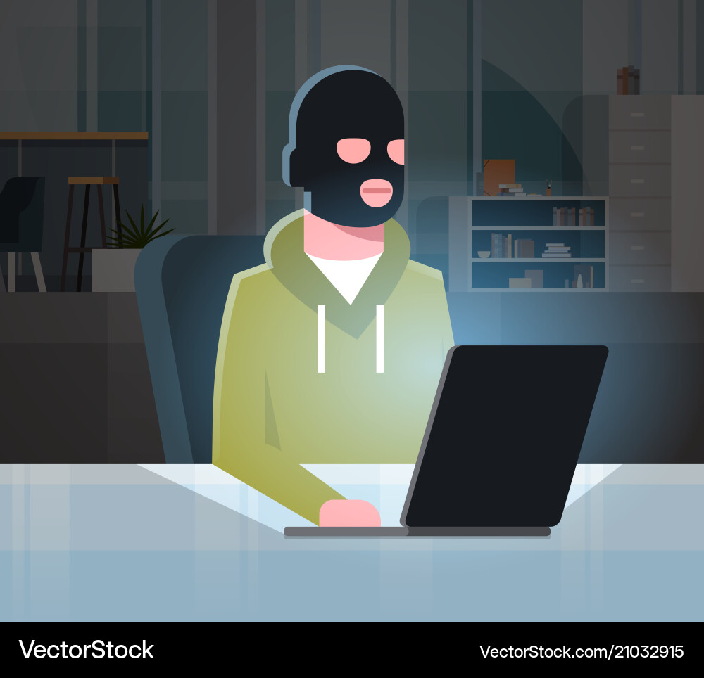 Man black mask sitting at computer hacker activity Vector Image