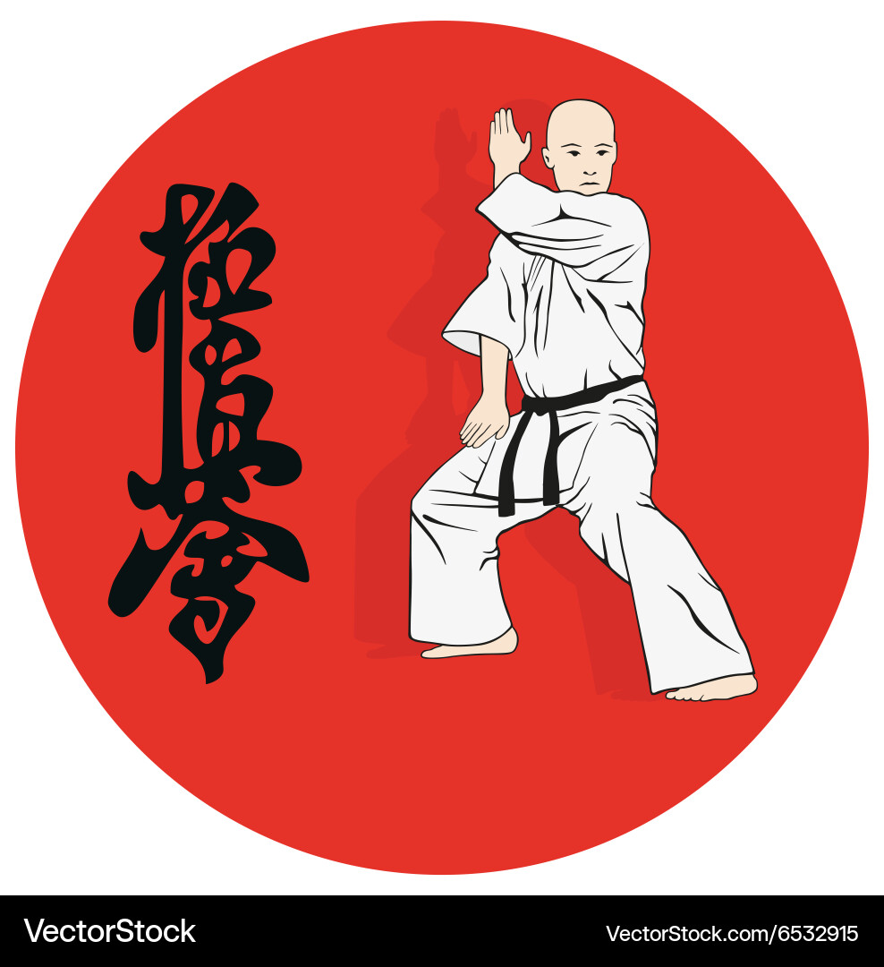 Man showing karate and a hieroglyph vector image