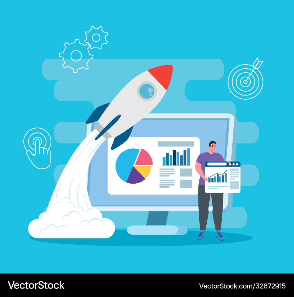 Man with start up rocket and computer Man with start up rocket and computer vector image
