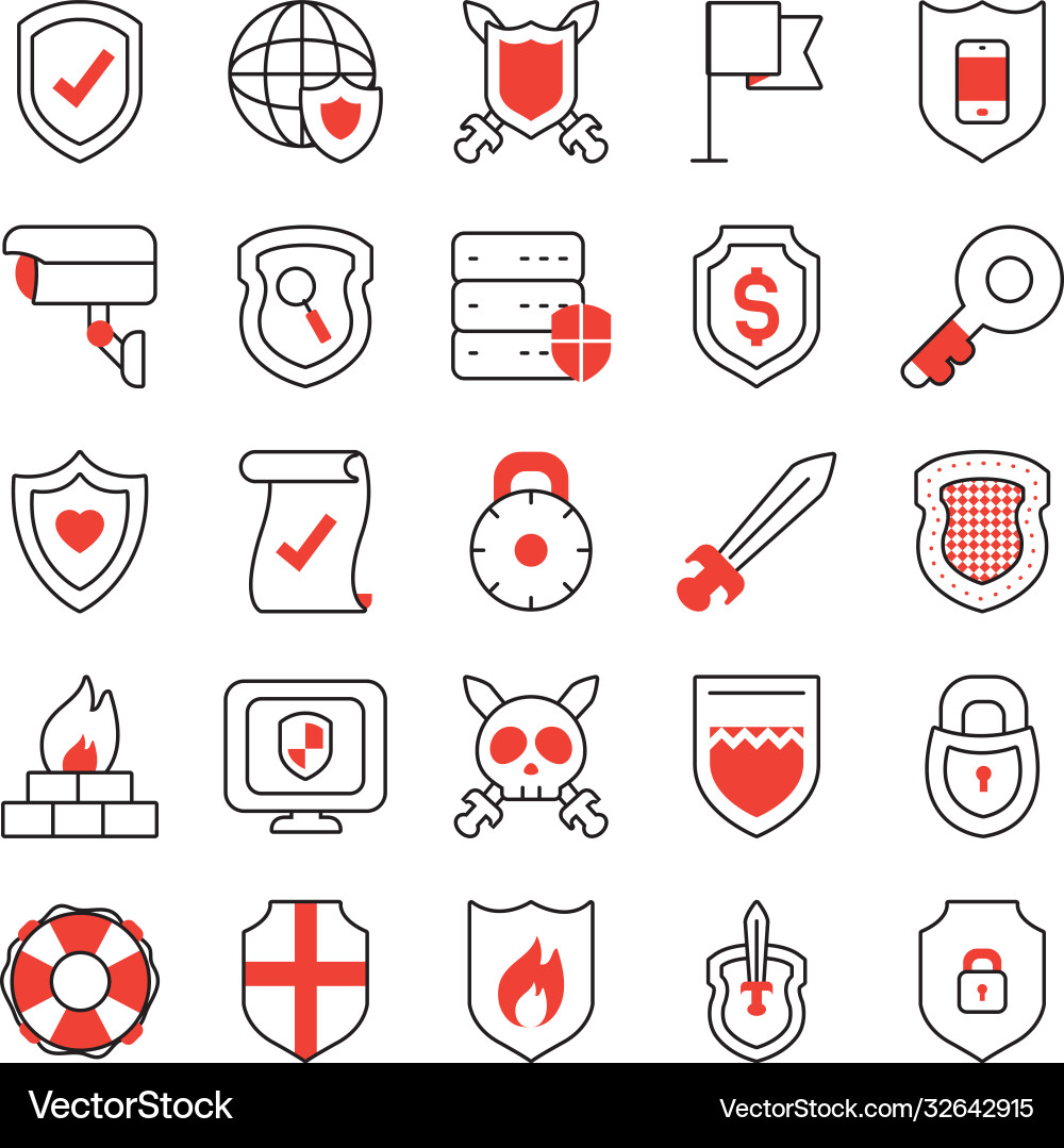 Old key and security shield icon set half line Old key and security shield icon set half line vector image