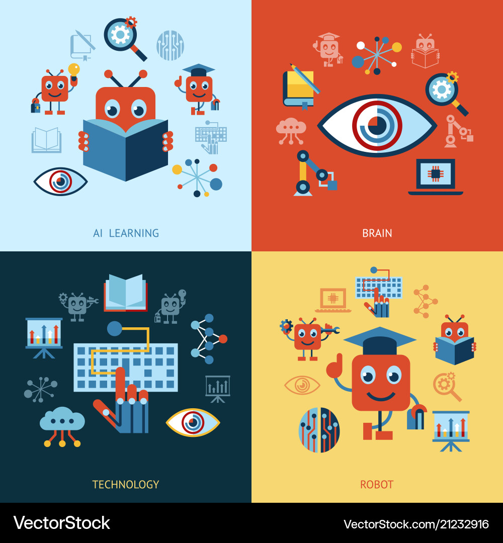 Artificial intelligence self learning icon set Artificial intelligence self learning icon set vector image