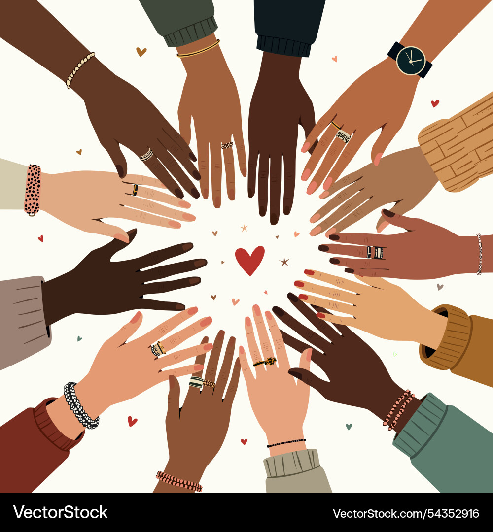 Diverse hands in unity circle with heart symbols Diverse hands in unity circle with heart symbols Vector Image