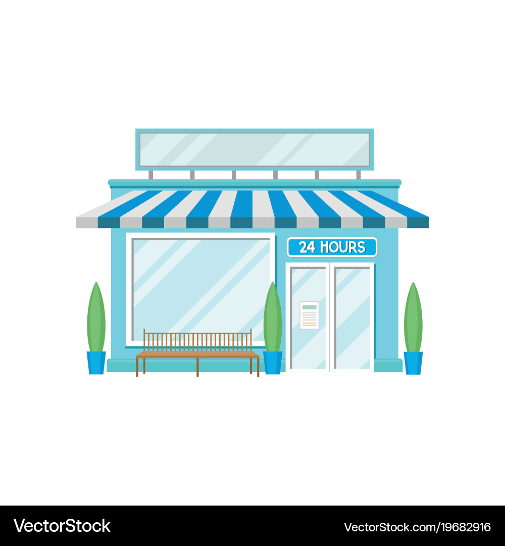 Facade of shop building 24 hour front view Vector Image