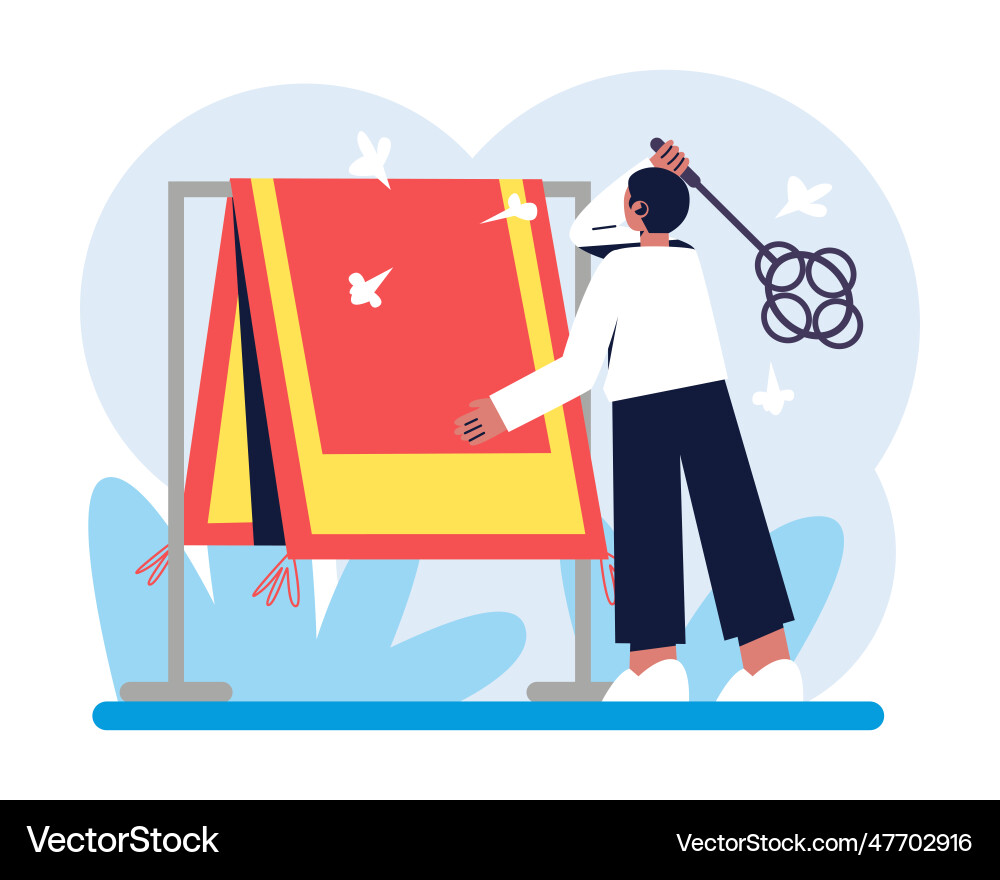 Man knocking dust out of large carpet small Man knocking dust out of large carpet small Vector Image