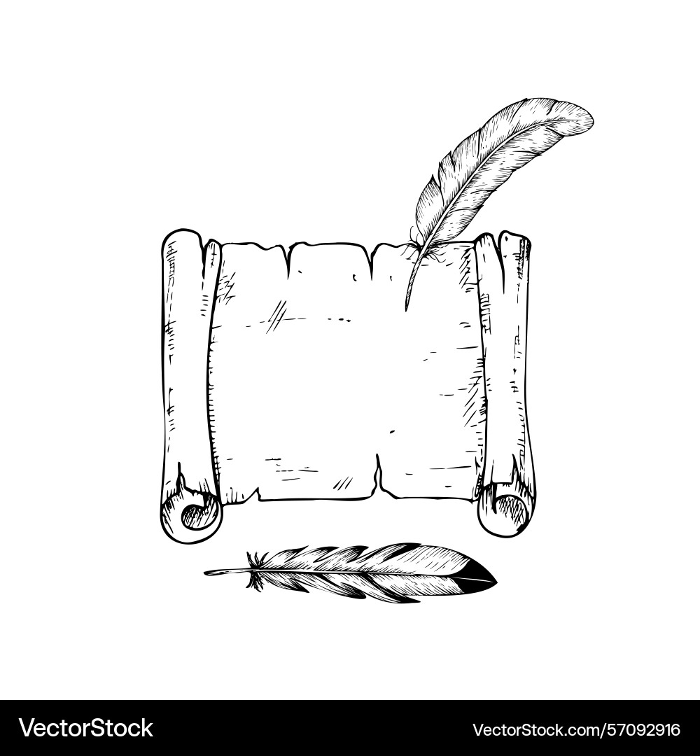 Old scroll paper with bird feather hand Old scroll paper with bird feather hand Vector Image