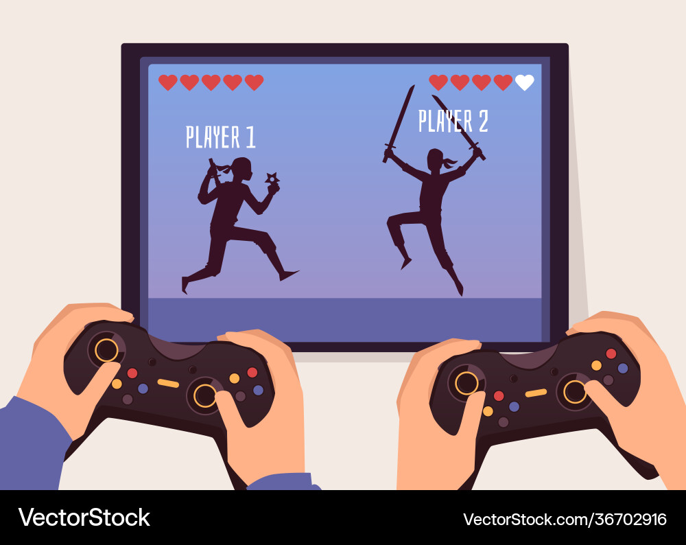 Two player fight game screen and hands holding Two player fight game screen and hands holding vector image