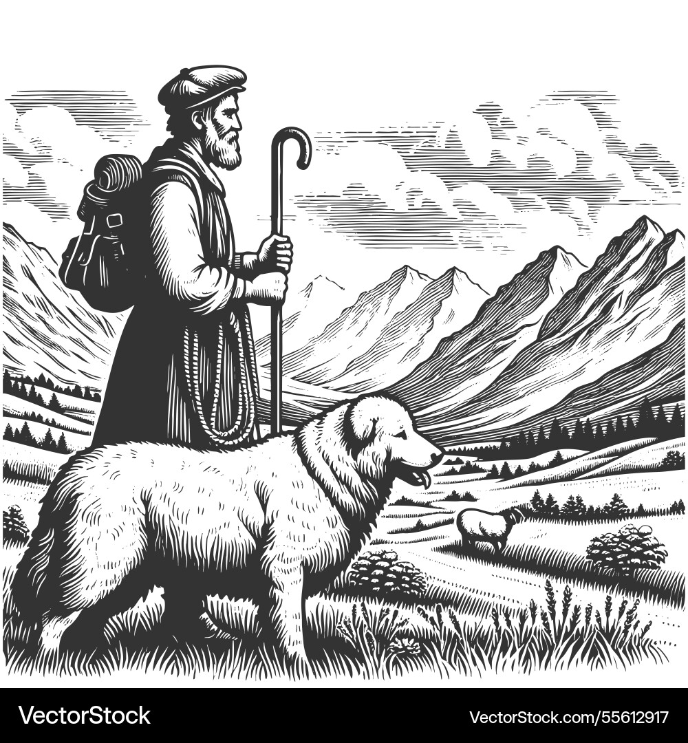 Schäferhund mit Hund in Berglandschaft Schäferhund mit Hund in Berglandschaft vektorbild