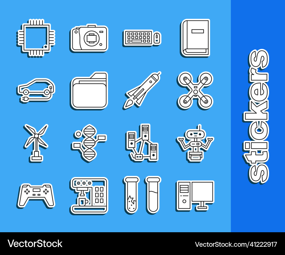 Set line computer monitor robot drone flying Set line computer monitor robot drone flying Vector Image