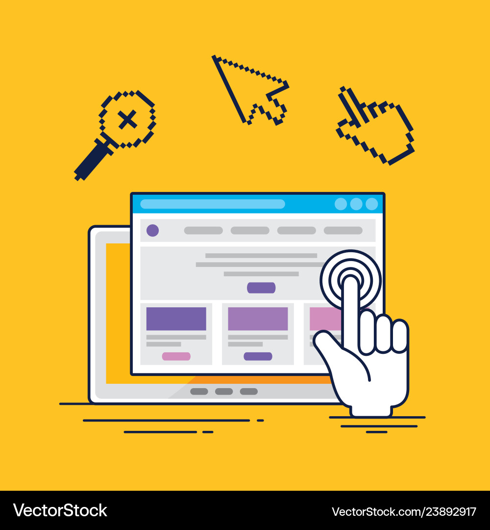 Tablet mit Handpointer Cursor und Website Tablet mit Handpointer Cursor und Website Vektorbild