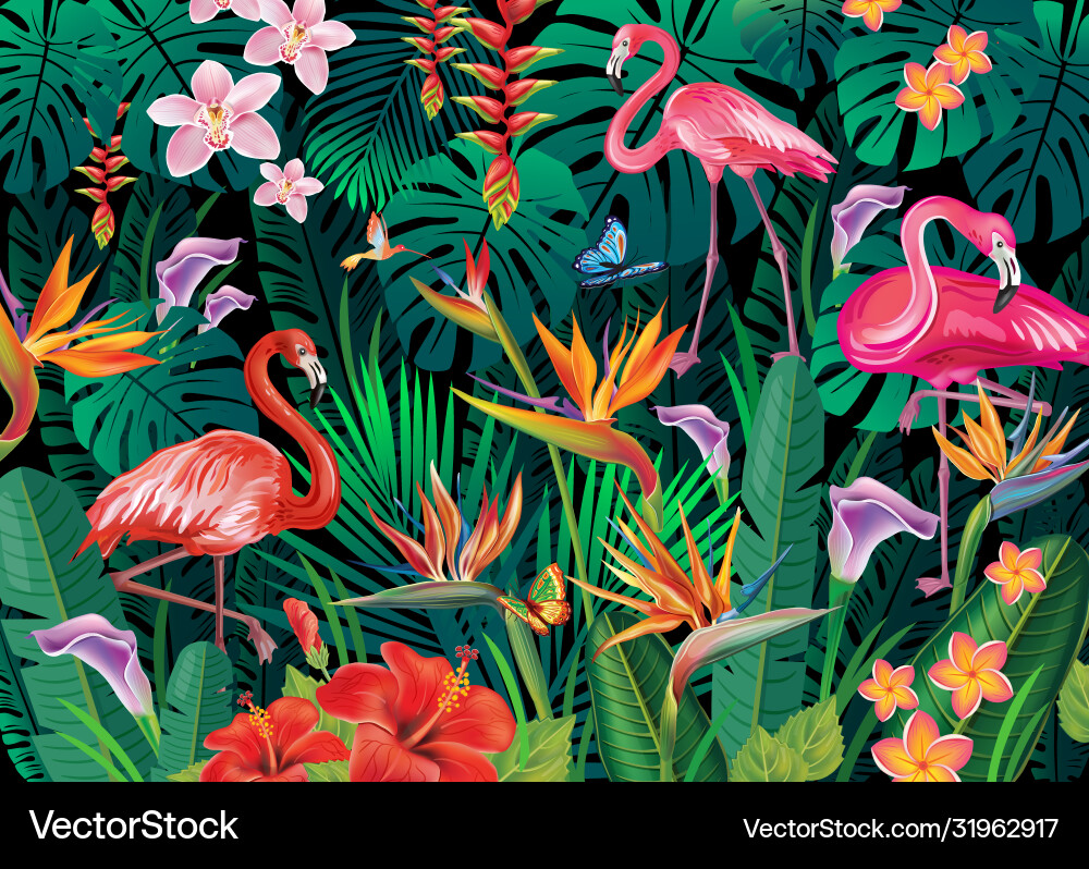 Tropical Flowers and Flamingo Background Vector Image