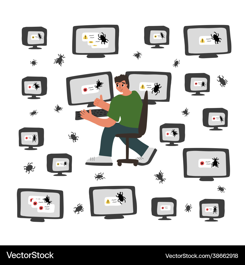 Bug on monitor screen and man near computer Bug on monitor screen and man near computer vector image