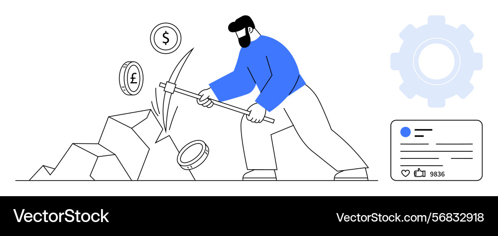 Man mining coins with pickaxe representing Man mining coins with pickaxe representing vector image