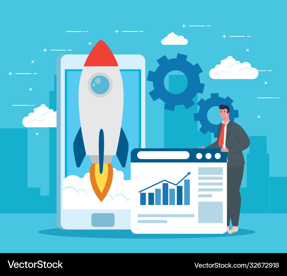 Man with start up rocket smartphone and website Man with start up rocket smartphone and website vector image