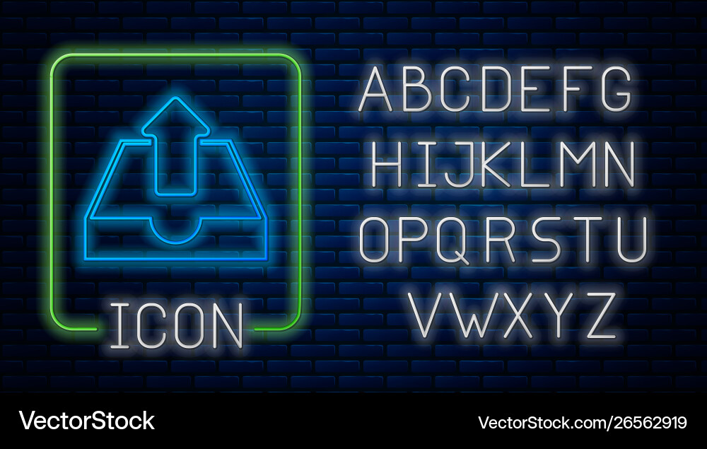 Glowing neon upload inbox icon isolated on brick Glowing neon upload inbox icon isolated on brick vector image