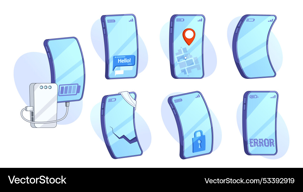 Set of smartphones displaying different conditions Set of smartphones displaying different conditions vector image