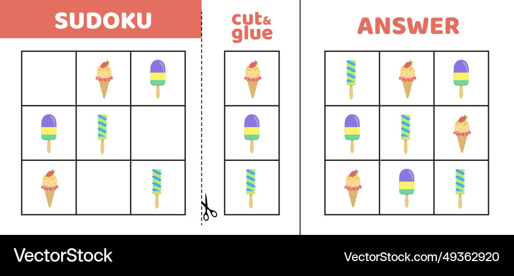 Easy sudoku with three ice creams game puzzle Vector Image